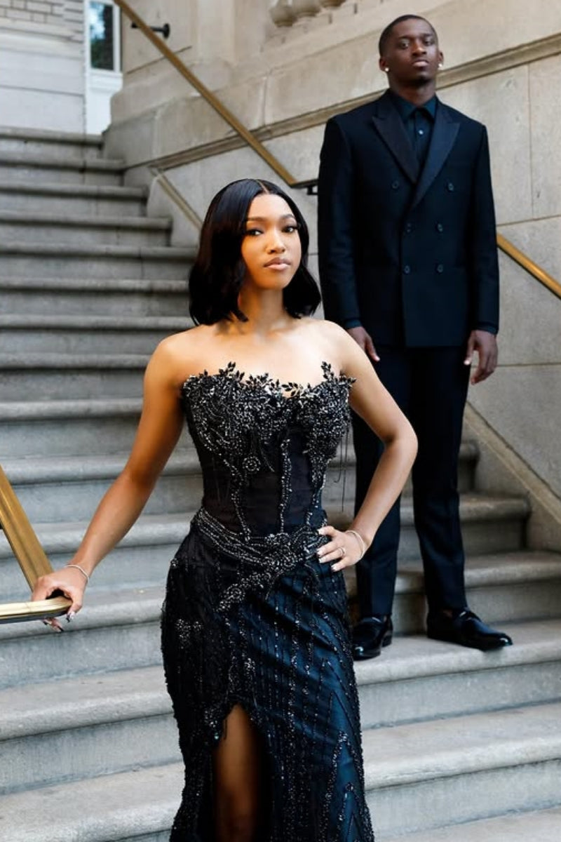 Black Beautiful Sweetheart Beadings Side Slit Prom Dresses