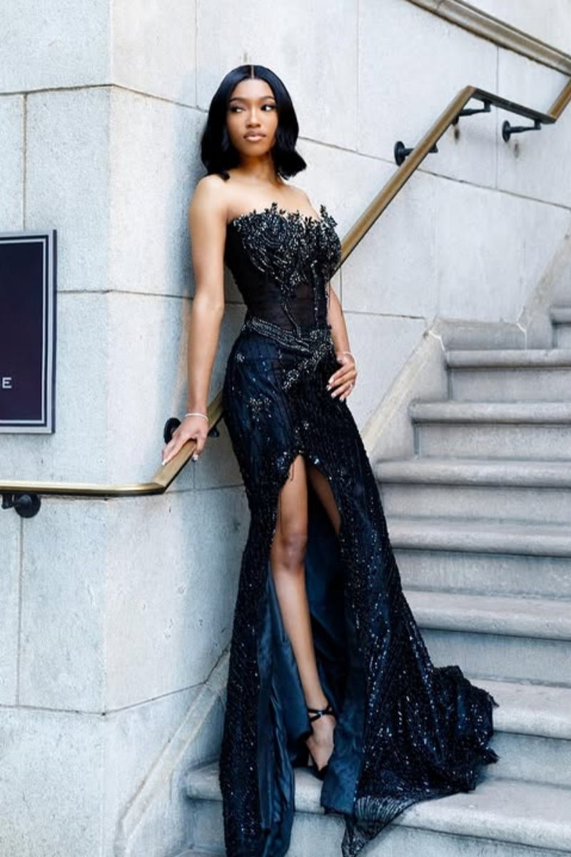 Black Beautiful Sweetheart Beadings Side Slit Prom Dresses