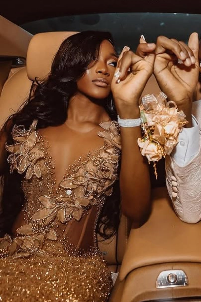Mild Champagne gold V-Neck Beadings Side Slit Prom Dresses