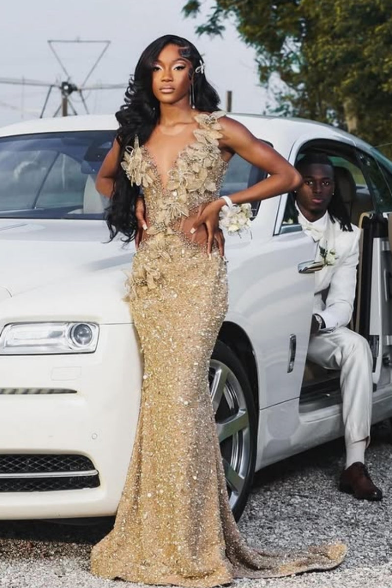 Mild Champagne gold V-Neck Beadings Side Slit Prom Dresses