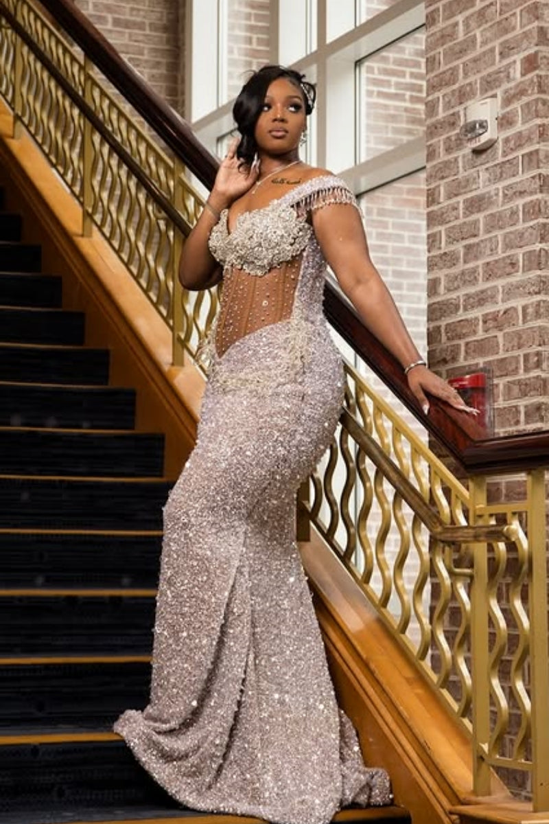 Sexy Dusty Silver Sweetheart Beadings Side Slit Prom Dresses