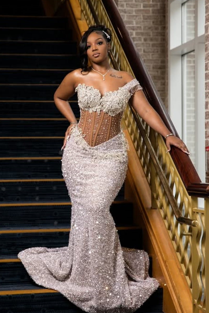 Sexy Dusty Silver Sweetheart Beadings Side Slit Prom Dresses