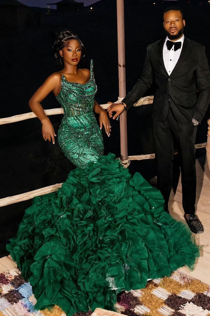 Luxury Ruffled Emerald Beadings Mermaid Prom Dresses