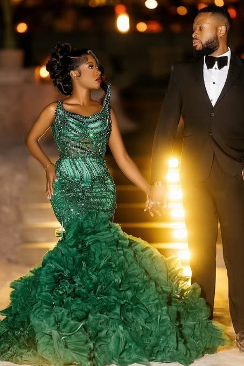 Luxury Ruffled Emerald Beadings Mermaid Prom Dresses