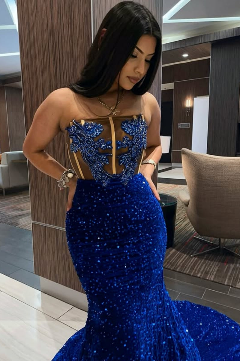 Royal Blue V-Neck Sequins Appliques Mermaid Prom Dress