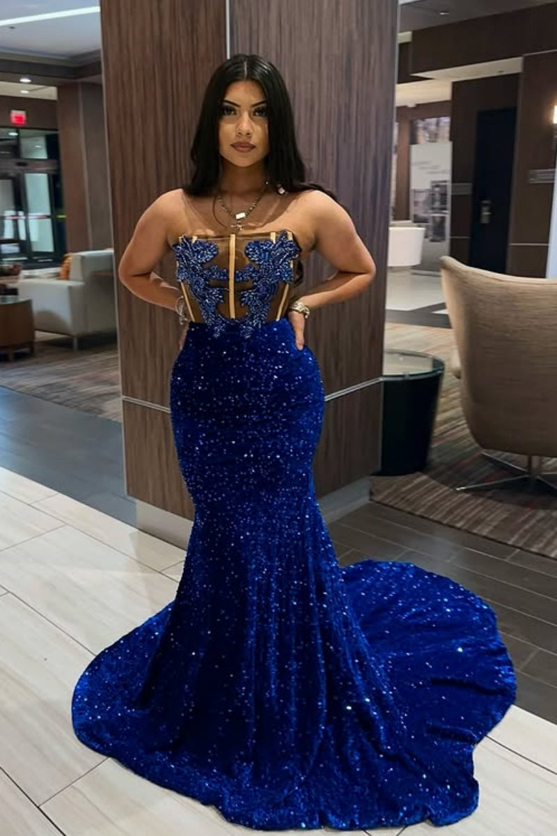Royal Blue V-Neck Sequins Appliques Mermaid Prom Dress
