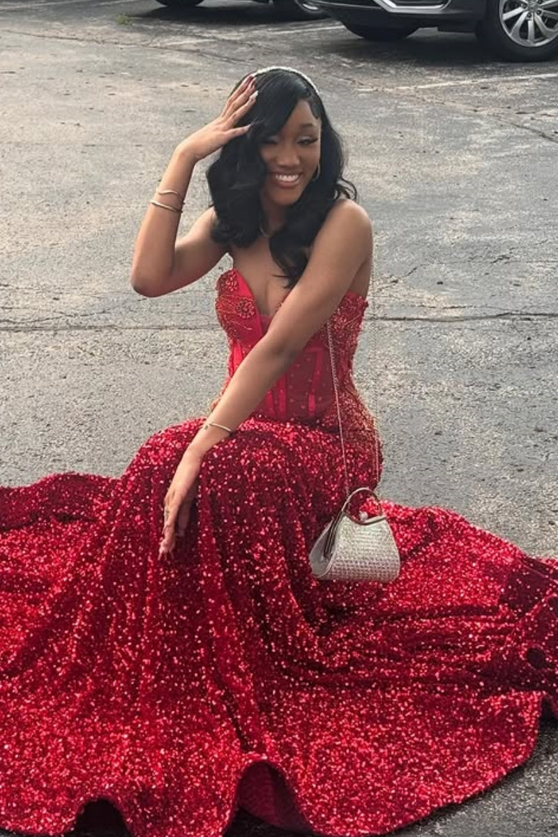 Glam Red Beadings Sweetheart Mermaid Prom Dress