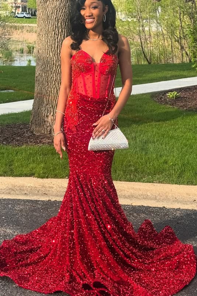 Glam Red Beadings Sweetheart Mermaid Prom Dress