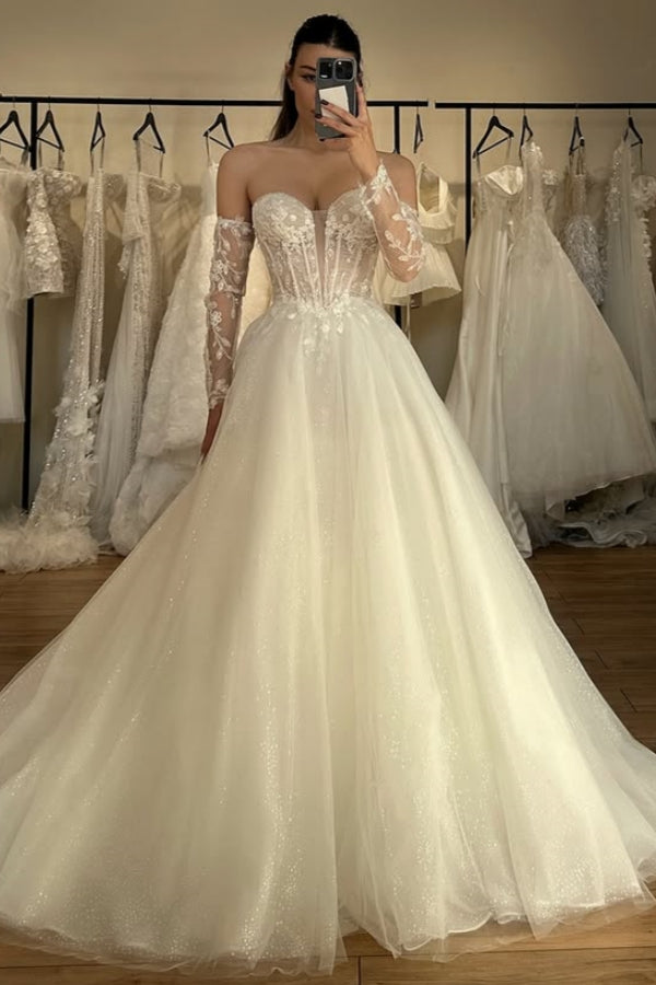 Sparkle Sweetheart Appliques Ball Gown Wedding Dresses With Lace Glove