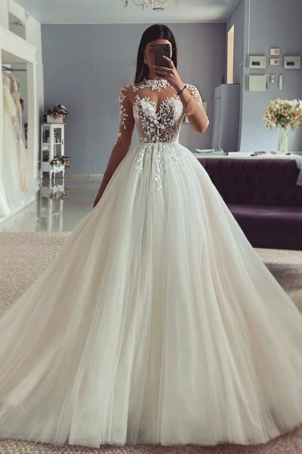 Fancy Jewel Long Sleeves Appliques A-Line Wedding Dresses
