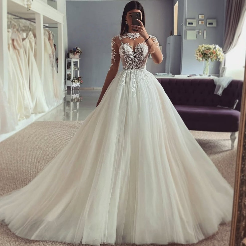 Fancy Jewel Long Sleeves Appliques A-Line Wedding Dresses