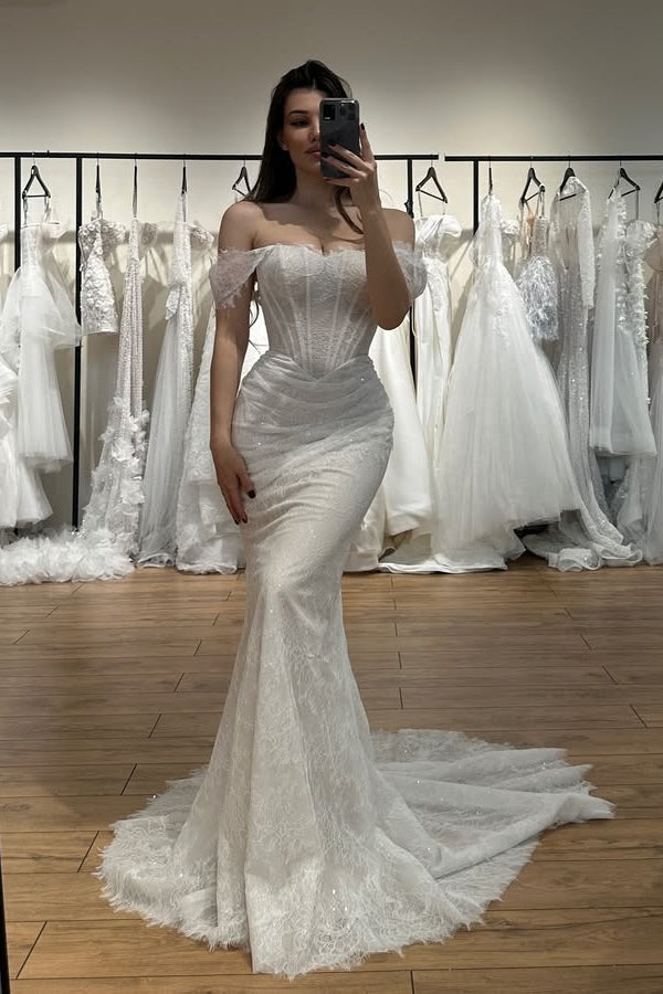 Elegant Off-The-Shoulder Ruffles Lace Sheath Wedding Dresses With Wrap