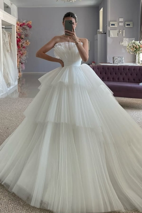 Elegant Strapless Puffy Layers Ball Gown Wedding Dresses
