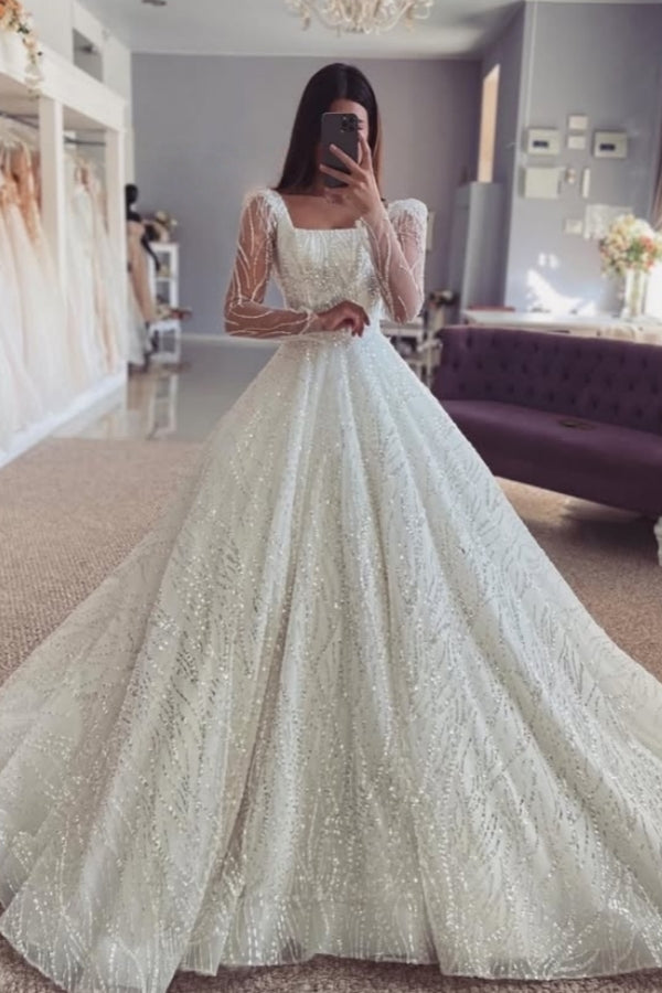 Sparkle Square Long Sleeves Lace Ball Gown Wedding Dresses With Ruffles