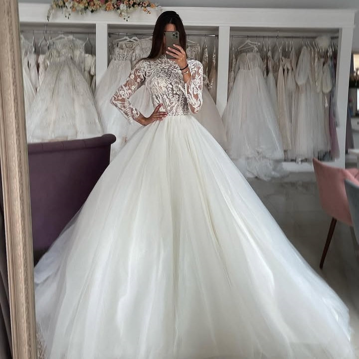 Generous High Neck Long Sleeves Appliques Ball Gown Wedding Dresses