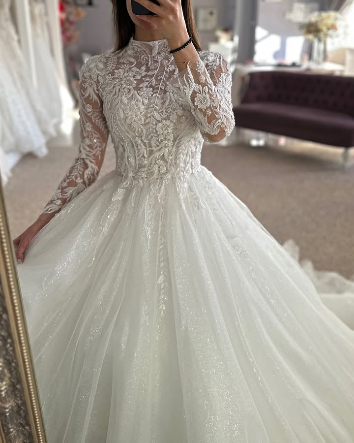 Generous High Neck Long Sleeves Appliques Ball Gown Wedding Dresses