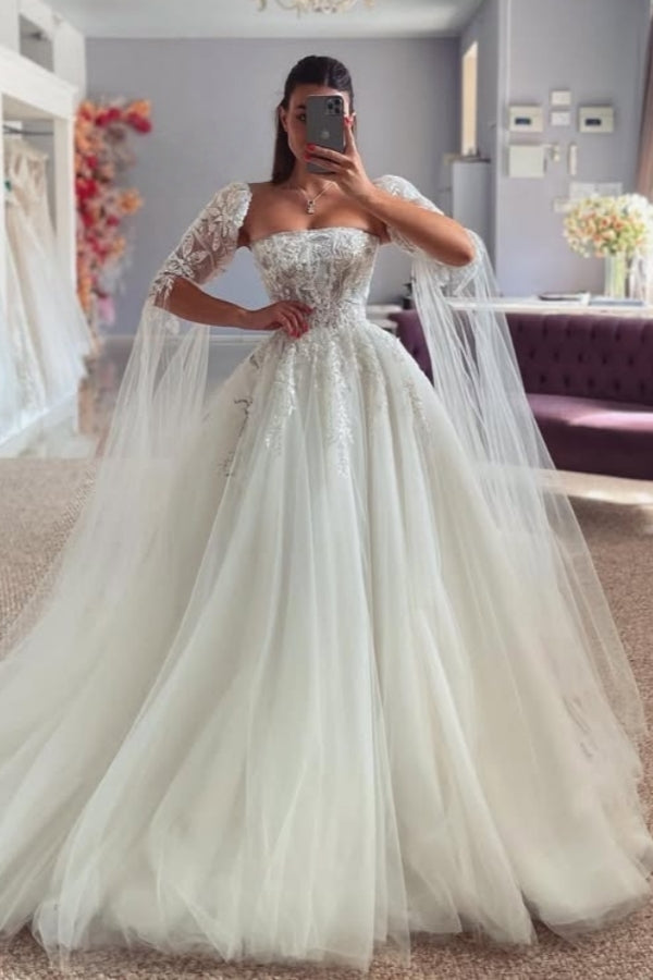 Mild Strapless Appliques Ball Gown Wedding Dresses With Lace Sleeves