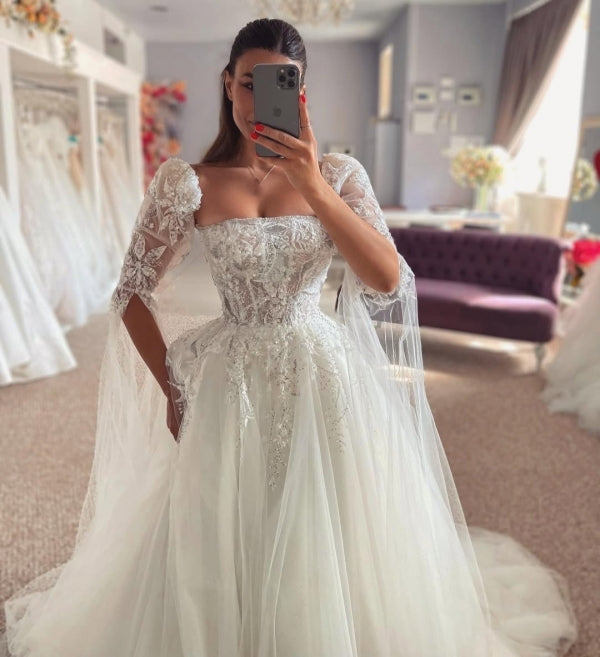 Mild Strapless Appliques Ball Gown Wedding Dresses With Lace Sleeves