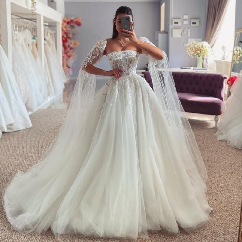 Mild Strapless Appliques Ball Gown Wedding Dresses With Lace Sleeves