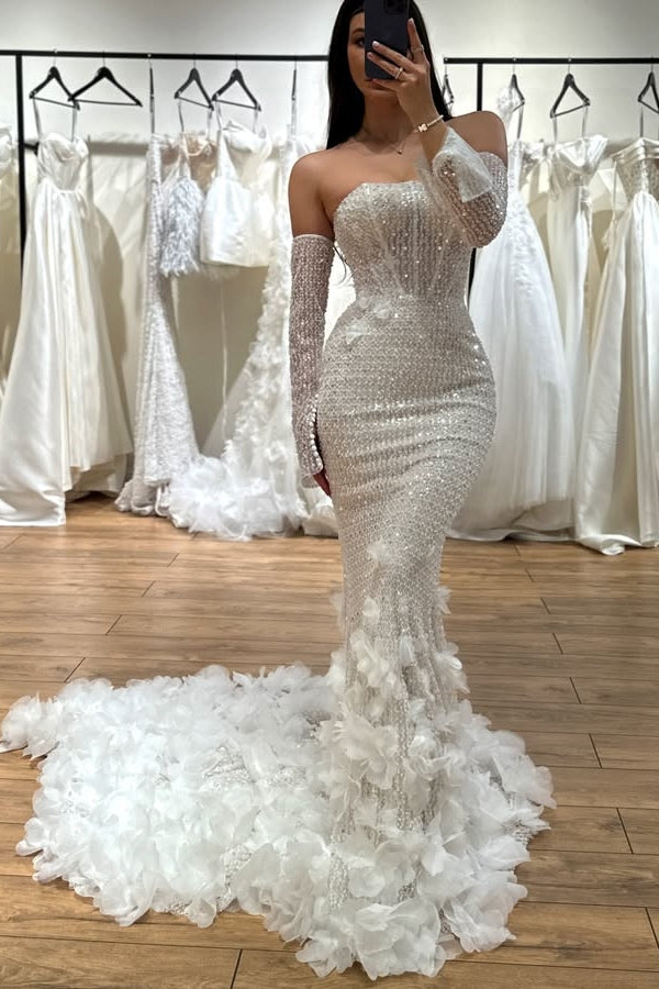 Charming Strapless Flowers Lace Sheath Wedding Dresses With Lace Sleeves