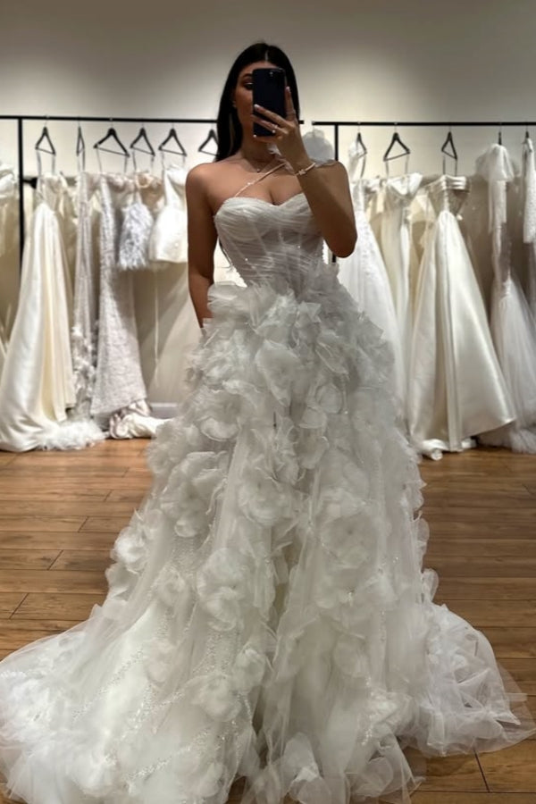 Elegant One Shoulder Side Slit Flowers A-Line Wedding Dresses