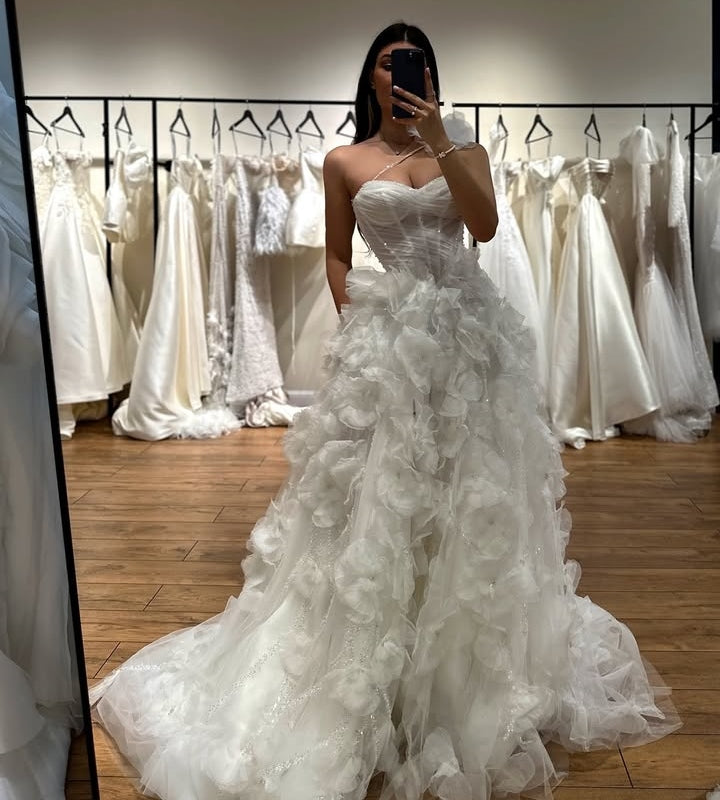Elegant One Shoulder Side Slit Flowers A-Line Wedding Dresses