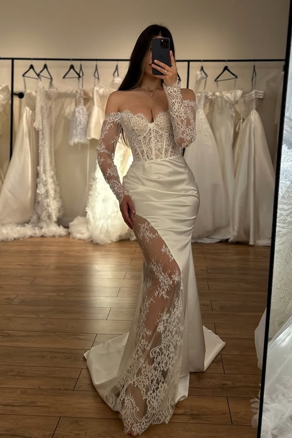 Sexy Off-The-Shoulder Long Sleeves Lace Sheath Wedding Dresses