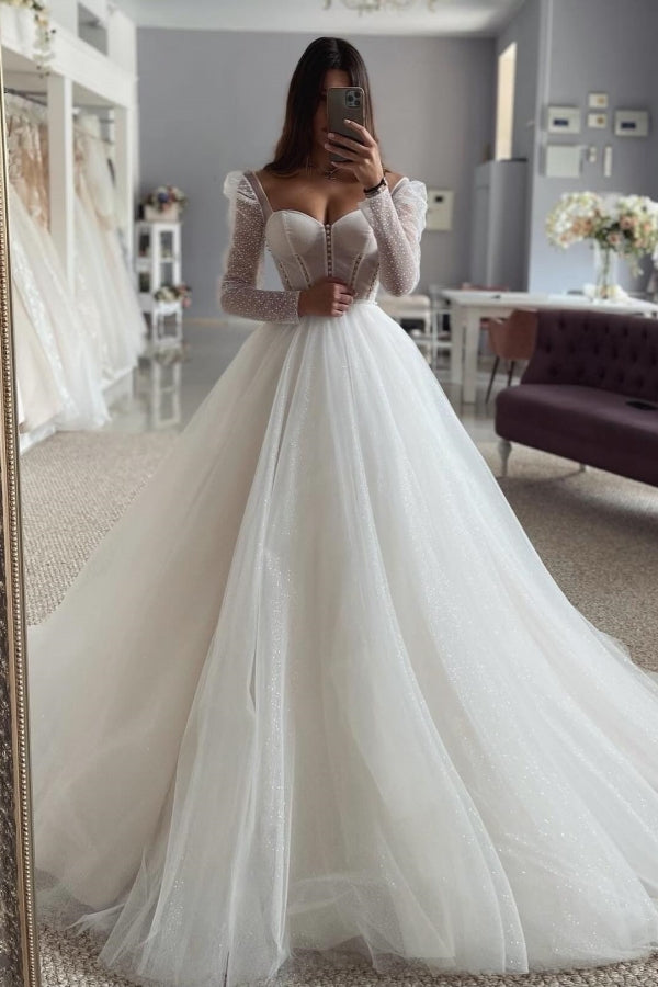 Mild Square Long Sleeves Beadings A-Line Wedding Dresses