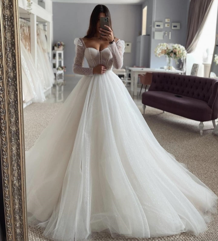 Mild Square Long Sleeves Beadings A-Line Wedding Dresses