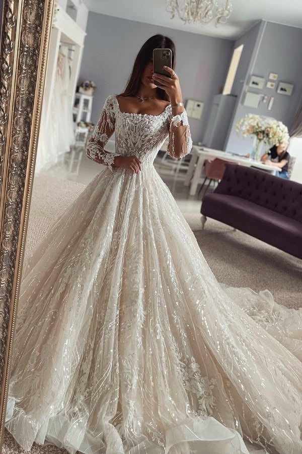 Generous Square Long Sleeves Lace A-Line Wedding Dresses With Ruffles
