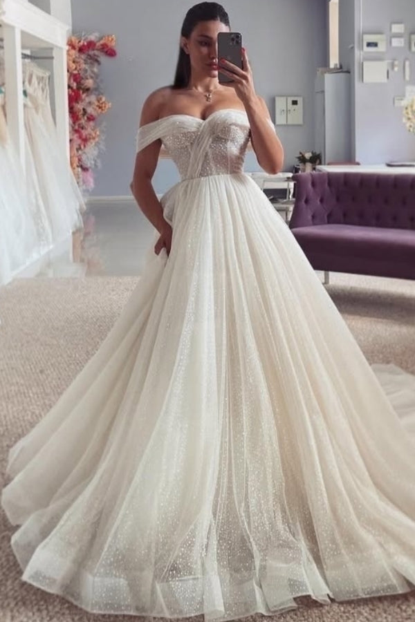 Elegant Off-The-Shoulder Ruffles Lace A-Line Wedding Dresses