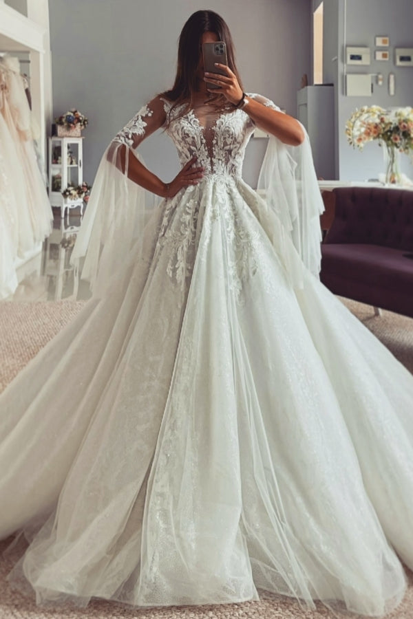 Fashion V-Neck Long Sleeves Appliques A-Line Wedding Dresses