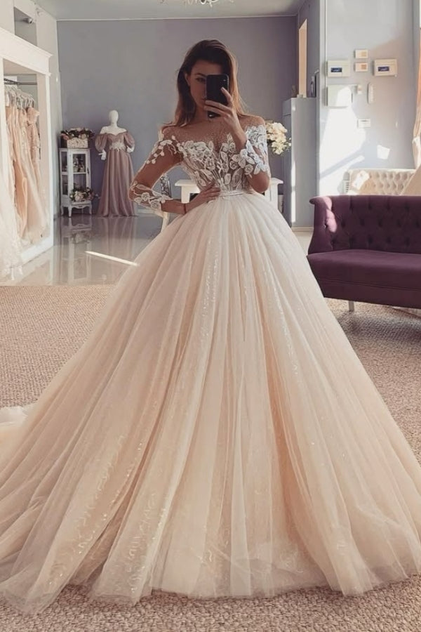 Chic Scoop Long Sleeves Lace Ball Gown Wedding Dresses With Appliques