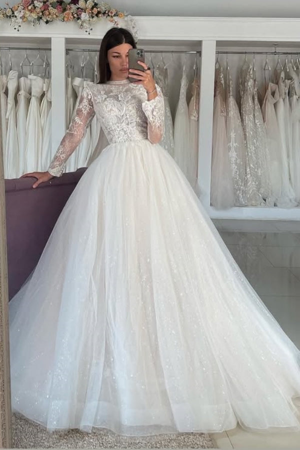Beautiful Jewel Long Sleeves Lace Ball Gown Wedding Dresses With Appliques