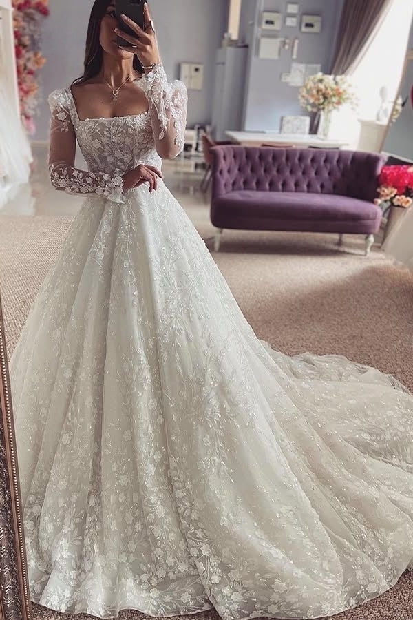 Elegant Square Long Sleeves Lace A-Line Wedding Dresses With Ruffles