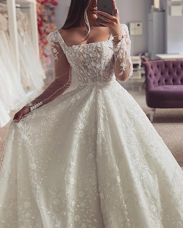 Elegant Square Long Sleeves Lace A-Line Wedding Dresses With Ruffles