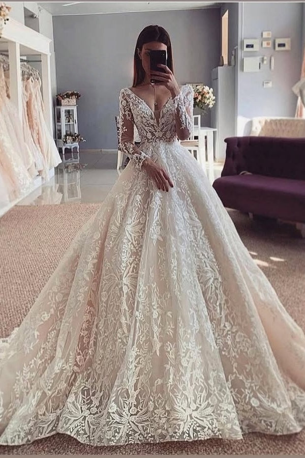 Charming V-Neck Long Sleeves Lace Ball Gown Wedding Dresses With Ruffles