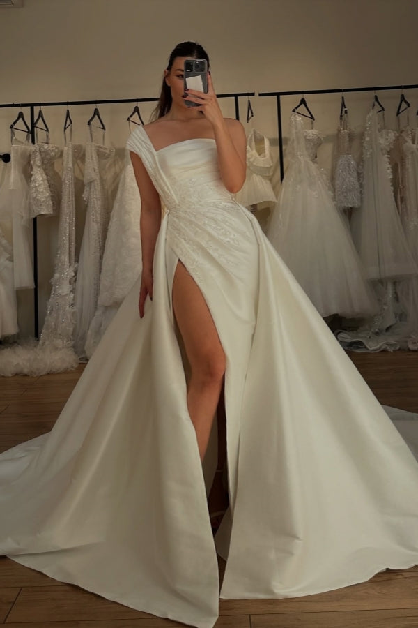 Chic One Shoulder Side Slit Appliques Sheath Wedding Dresses With Panel Train