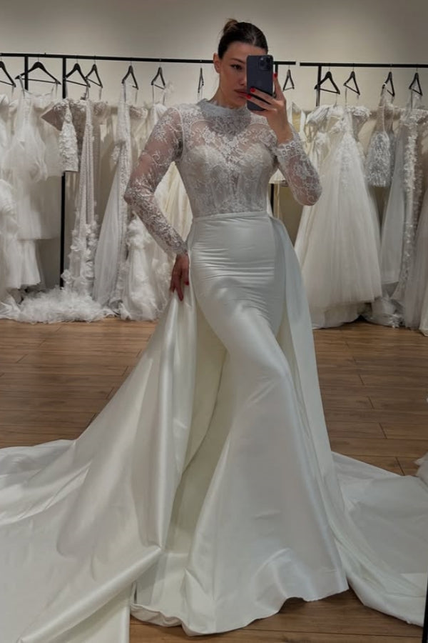 Fashion High Neck Long Sleeves Sheath Wedding Dresses With Panel Train