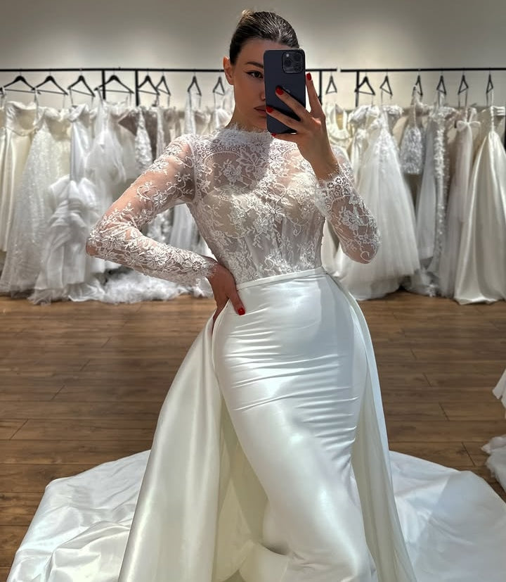Fashion High Neck Long Sleeves Sheath Wedding Dresses With Panel Train