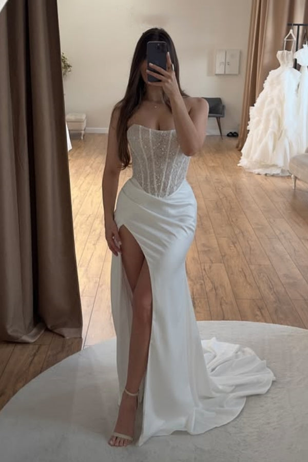 Modern Sweetheart Ruffles Side Slit Sheath Wedding Dresses