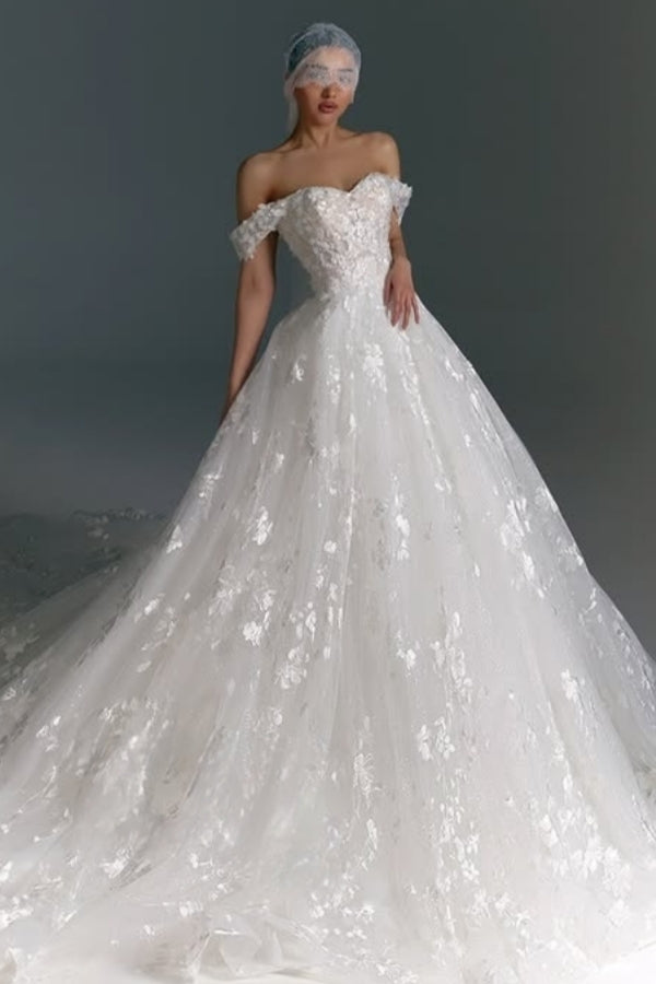 Beautiful Off-The-Shoulder Appliques Lace Ball Gown Wedding Dresses