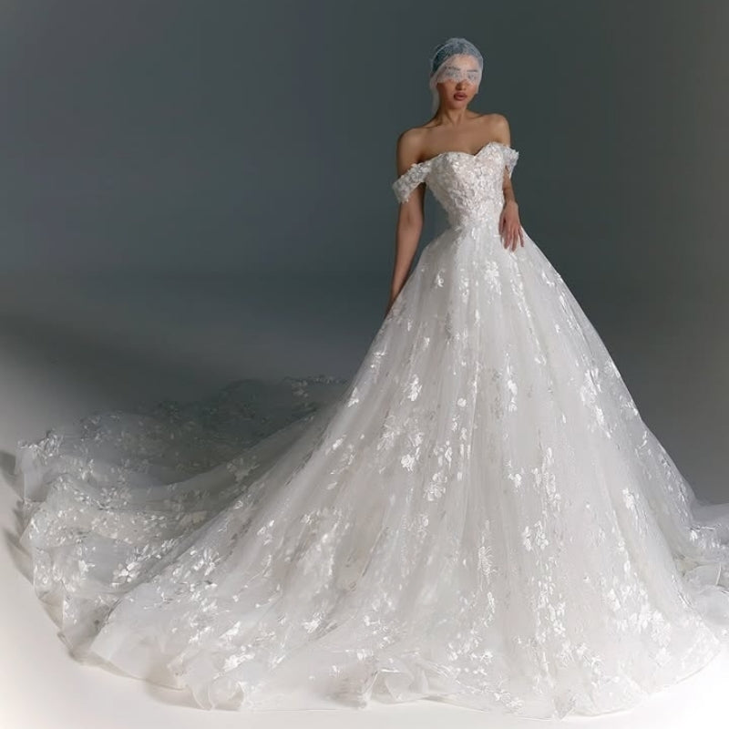 Beautiful Off-The-Shoulder Appliques Lace Ball Gown Wedding Dresses