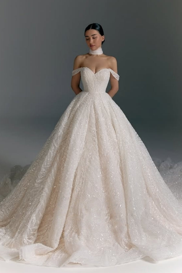 Generous Off-The-Shoulder Lace Ball Gown Wedding Dresses