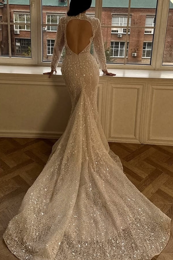 Sparkle High Neck Long Sleeves Backless Lace Sheath Wedding Dresses