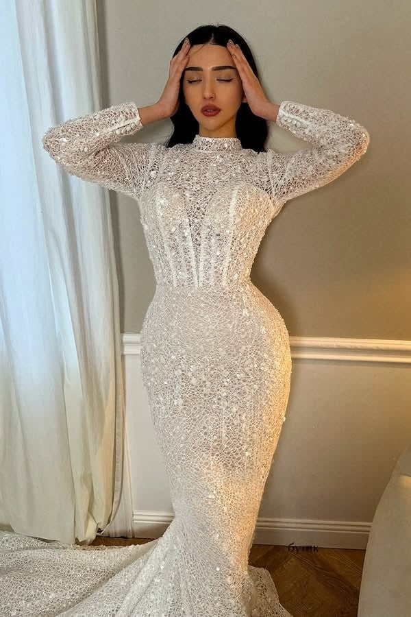 Sparkle High Neck Long Sleeves Backless Lace Sheath Wedding Dresses