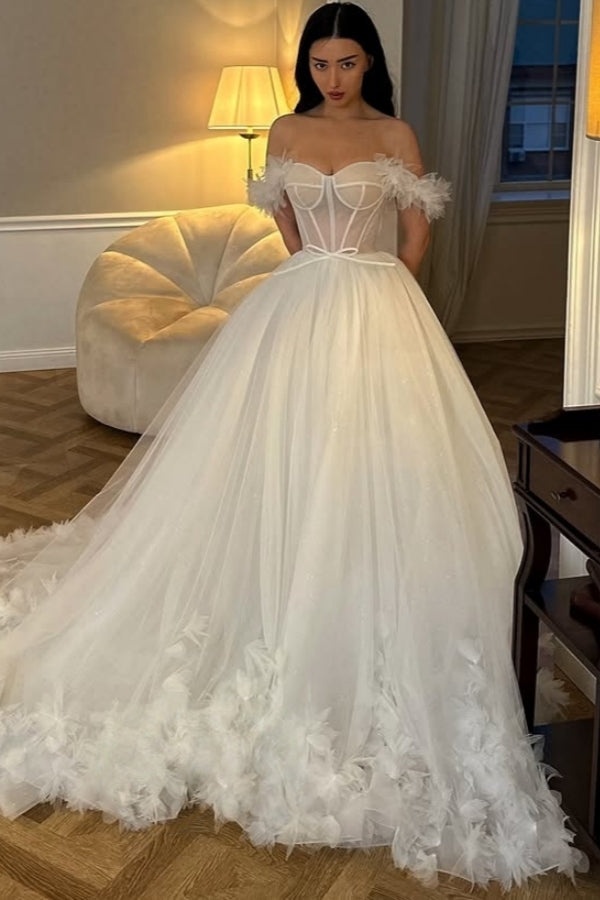 Mild Off-The-Shoulder Flowers Ball Gown Wedding Dresses