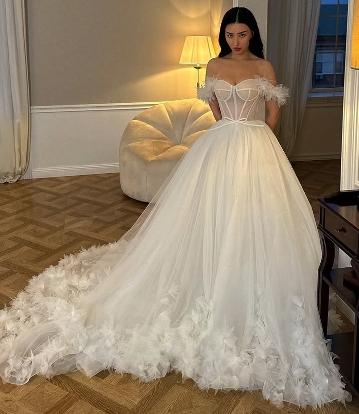 Mild Off-The-Shoulder Flowers Ball Gown Wedding Dresses