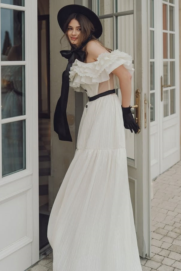 Chic Off-The-Shoulder Ruffles Side Slit Sheath Wedding Dresses