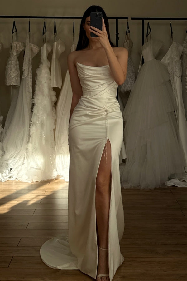Modern Strapless Side Slit Beadings Sheath Wedding Dresses